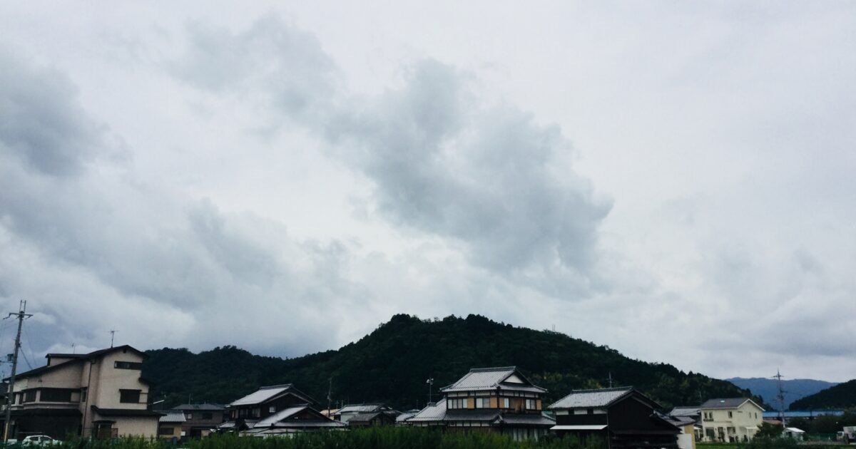曇り空と日本家屋が並ぶ田舎の風景