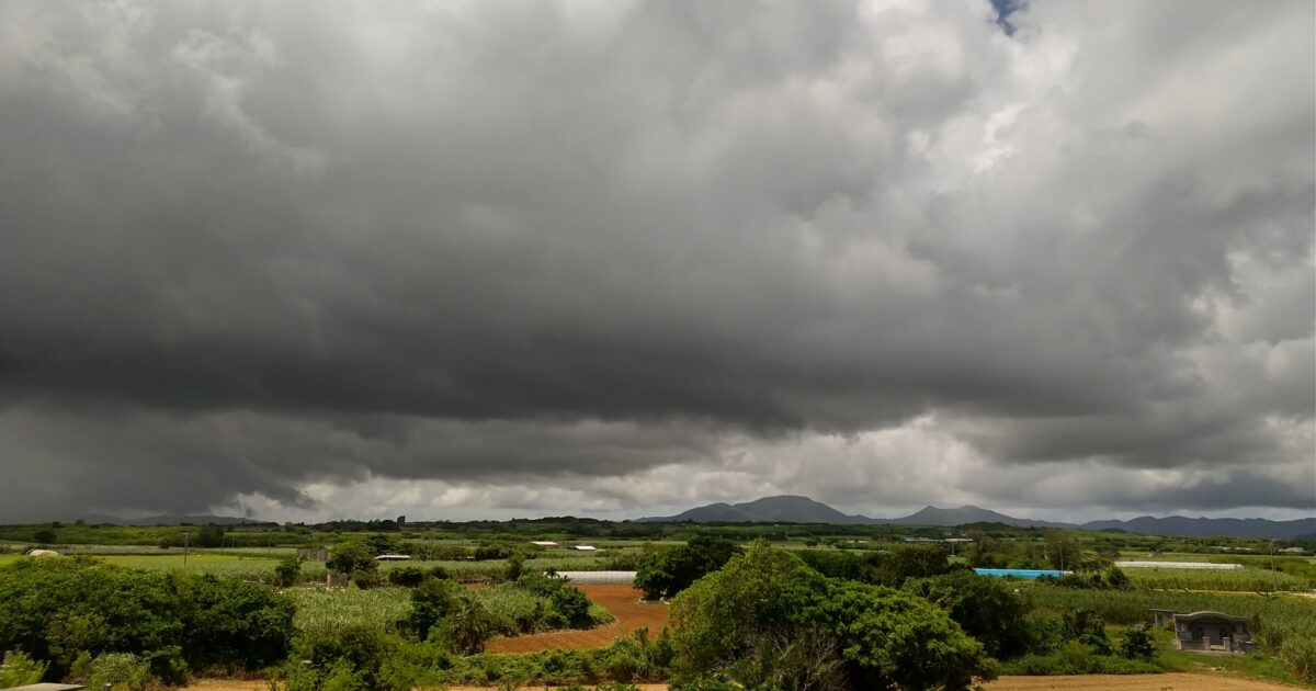 畑と緑の広がる曇り空の農村風景