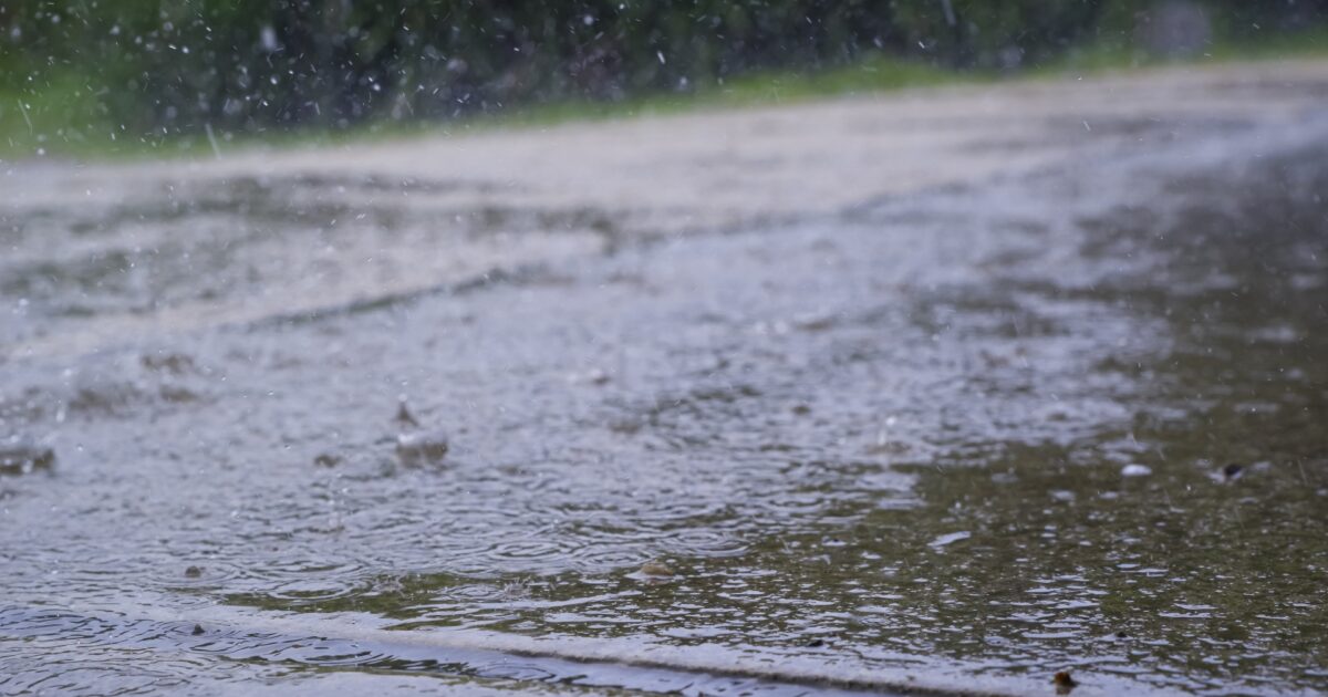 雨が降り注ぐ舗装道路の水たまり