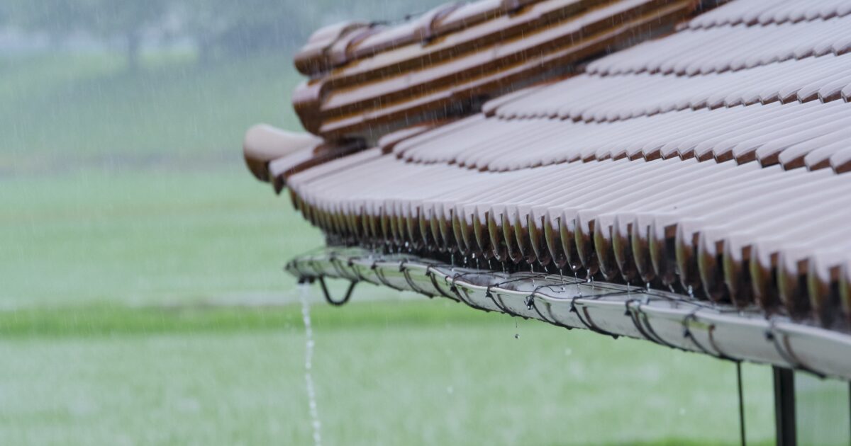 雨が降る瓦屋根と田んぼの風景
