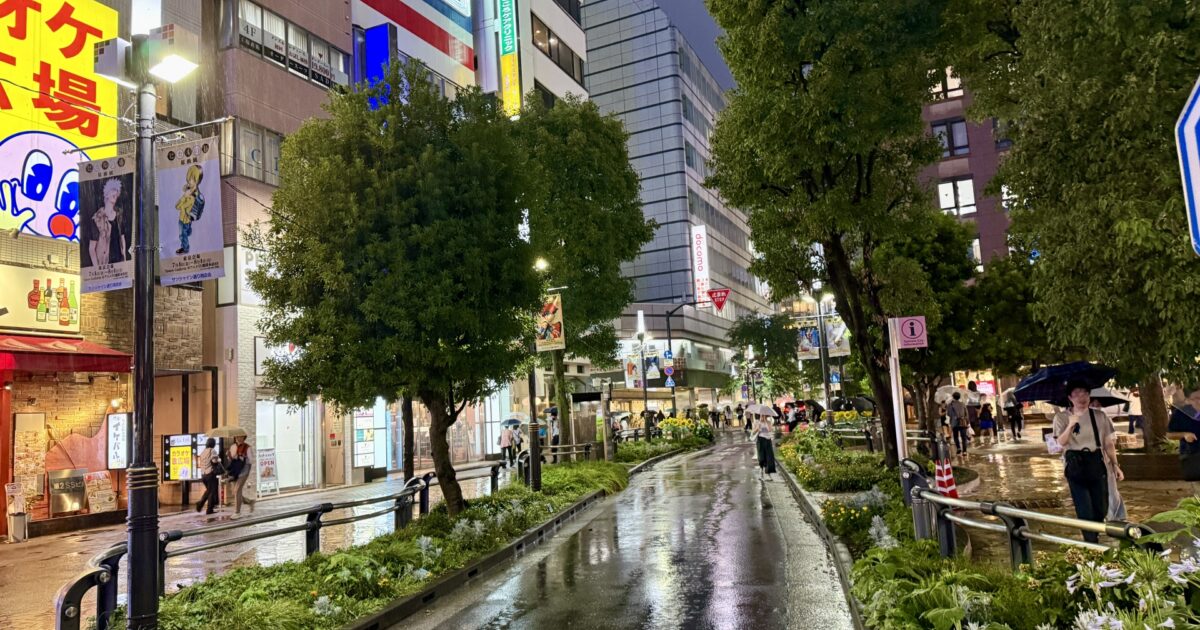 雨の夜に濡れた繁華街と傘を差す人々