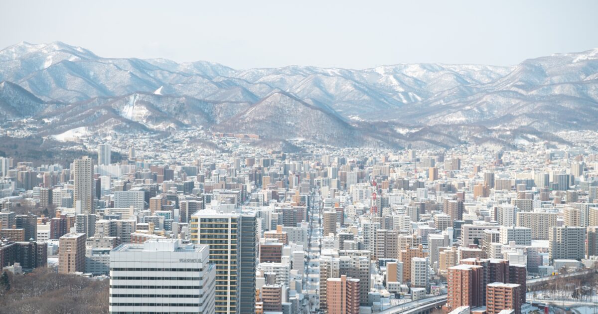 冬の札幌市街地と雪化粧した山々の景色