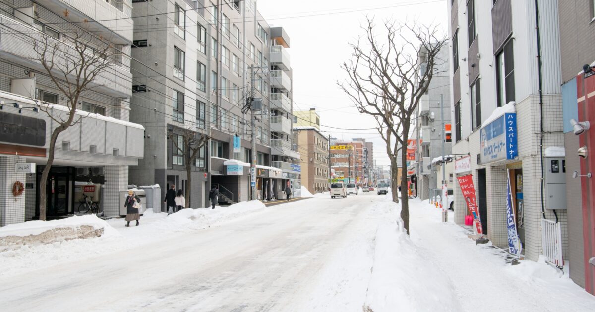雪が積もった札幌市の街並みとビル群