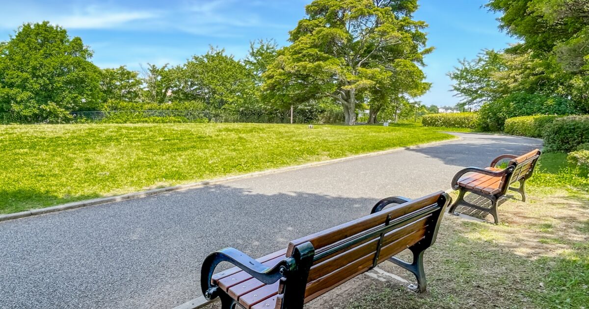 公園のベンチと青空の風景
